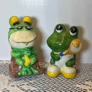 Pair Vintage Frog Piggy Bank  Decor Paper Mache Granny Tennis Player